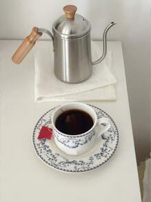 1pc French Vintage Ditsy Floral Lace Blue Ceramic Mug And Saucer Set, Everyday Home/Office Use Tea/Coffee Cup, Breakfast Oatmeal/Milk Bowl, Birthday/Holiday Gift