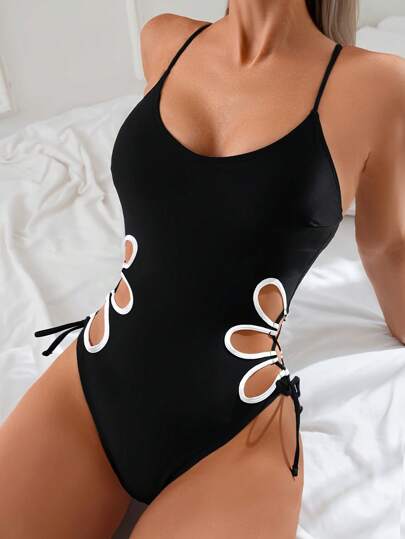 1 pieza Traje de baño de una sola pieza de mujer de unicolor con aberturas, bañador casual a la moda y sexy