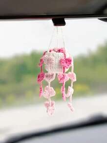 1pc Handmade Crochet Hanger With Potted Succulent, Creative Car Rearview Mirror Pendant - Pink - View 2