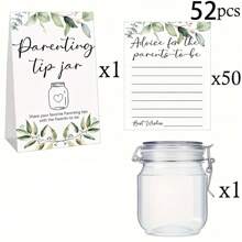 27/52 件婴儿淋浴游戏奖品、婴儿淋浴指导罐和新父母适用的标签，包括 25/50 张育儿技巧卡、1 个瓶子和 1 个标签，适合新父母和客人，绿叶主题 - 彩色 - 查看 4