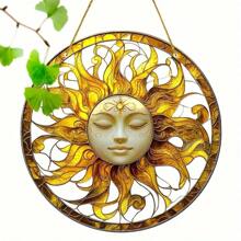 1 pieza, Impresión plana 2D, Atrapasol del dios sol dorado, Atrapasoles de jardín (20cm x 20cm), Decoración colgante de ventana de acrílico con vidrio teñido, Adecuado para decoración del hogar en cualquier temporada, club, escuelas, arte de pared, sala de estar, decoración de bodas, regalo de cumpleaños, regalo ideal