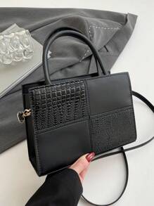 Women's New Fashion Textured Stone Pattern Square Handbag With Dual Top Handles, Crocodile Embossed Shoulder Bag, Adjustable Strap, Casual Travel & Shopping Crossbody Bag