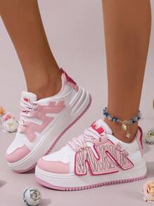 Women's Thick Sole Sneakers, New Spring Autumn Stars Pattern Casual Shoes, Soft Bottom Anti-Slip Lightweight Comfortable, Pink - Red and White - View 5