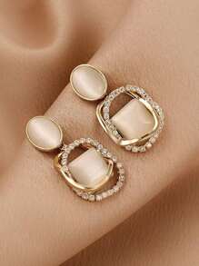 1 对几何猫眼石耳环，不对称玻璃水钻装饰小企业性感配饰 - 金黃色 - 查看 2