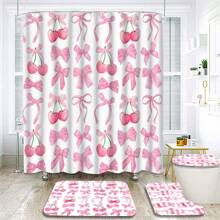 1/4 piezas Juego de cortina de ducha con estampado de lazo rosa y cereza, regalo del Día de la Madre, decoración del hogar, decoración de primavera/otoño, decoración festiva, impermeable y lavable, incluye 12 ganchos, accesorios esenciales para el baño, divisor de bañera, fácil limpieza para una experiencia de baño refrescante, accesorios de baño, de vuelta a la escuela