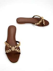 نساء أنيق 3D زهرة رينستون سلسلة مزينة لون الشمبانيا بروكارد مدبب الأصابع مريح مسطح بطانية صنادل للارتداء اليومي وحفلات - بني - مشاهدة 4