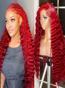 websterwigs 13 英寸 X 4 英寸短款蕾丝前部合成假发，24 英寸红色蕾丝前部假发，预拔发际线，耐热纤维发，丝滑直发假发，适合女性、角色扮演、派对、日常穿着 - 紅色 - 查看 8