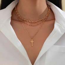 4pcs Fashion Cross Alloy Pendant Necklaces With Geometric Multi Layer Chain Design, Versatile Accessories For Women