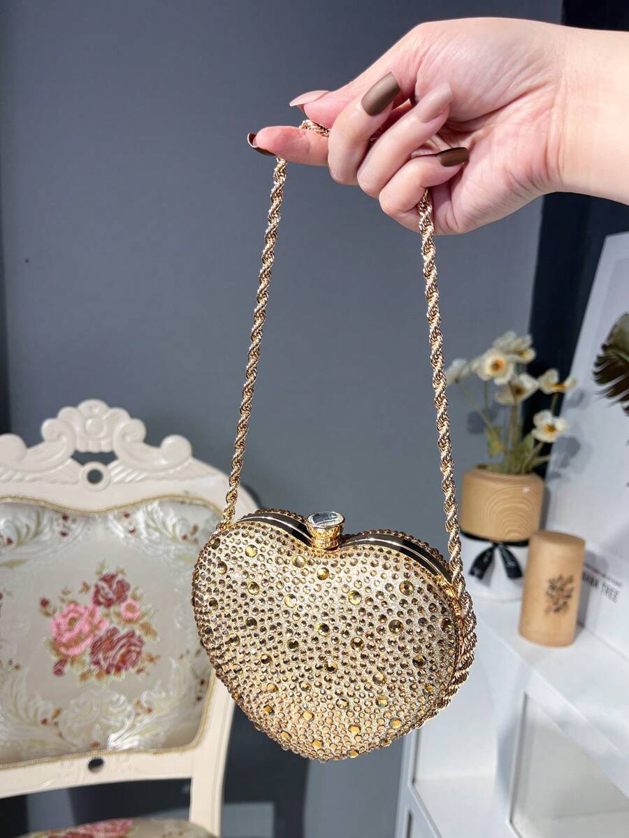 Túi cầm tay hình trái tim đính đá lấp lánh, ví dự tiệc thanh lịch, túi đeo vai xích kim loại thời trang dành cho nữ thích hợp cho tiệc tùng, đám cưới