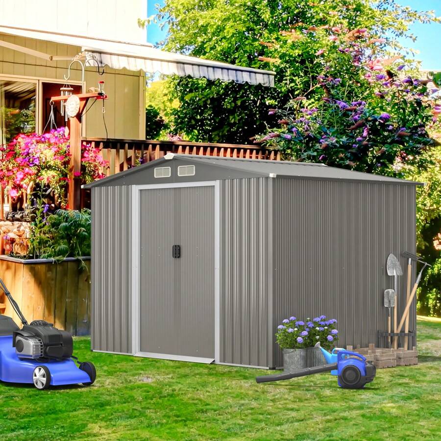 GOFLAME 8FT X 6FT Galvanized Steel Tool Shed For Garden Utility Tool Organizer With Foundation Double Doors And Ramp - Dark Grey - View 1