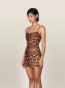 Women Mini Dress Leopard Print Sleeveless Cami Dress Summer Fashion Spaghetti Strap Dress - Brown - View 2