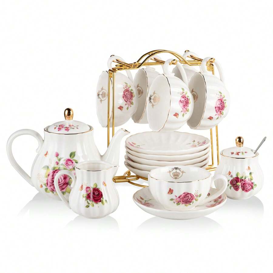 Porcelain Tea Sets British Royal Series, 8 OZ Cups& Saucer Service For 6, With Teapot Sugar Bowl Cream Pitcher Teaspoons And Tea Strainer For Tea/Coffee