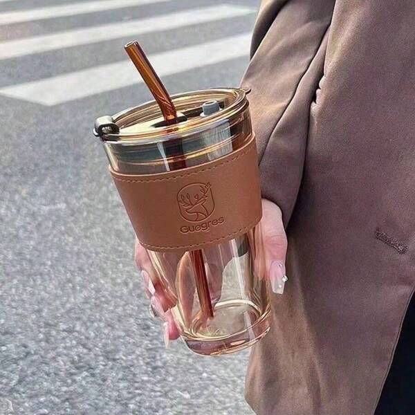 1 Glass Cup 450ml Large Capacity With Lid, Milk Tea Straw Water Cup, Breakfast Coffee Cup, Student Cup Glass Coffee Cup With Lid Tea Milk Cup With Straw Drinkware Exquisite Gift Cup