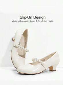 Girls Party Shoes Low Heels For Little Big Girl Mary Jane Shoes With Pearl Rhinestones Flower Girl Pumps Princess Wedding - White-pat - View 8