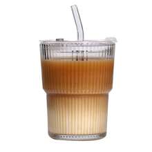 1 Set Striped Glass Cup With Straw And Lid, Portable And Simple Style Water Cup, Vertical Striped Glass Cup, Reusable High-Quality Coffee & Juice Cup, Multi Functional Beverage Container, Perfect For Home, Office, Beach, All Kinds Of Parties,