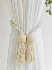 Sujetacortinas magnéticos con borlas de madera y cuerda tejida a mano - Diseño sólido de madera bohemio para dormitorio/sala de estar/cocina/oficina/jardín, sostenedores ajustables sin herramientas para cortinas finas y gruesas + Decoración del hogar bohemia