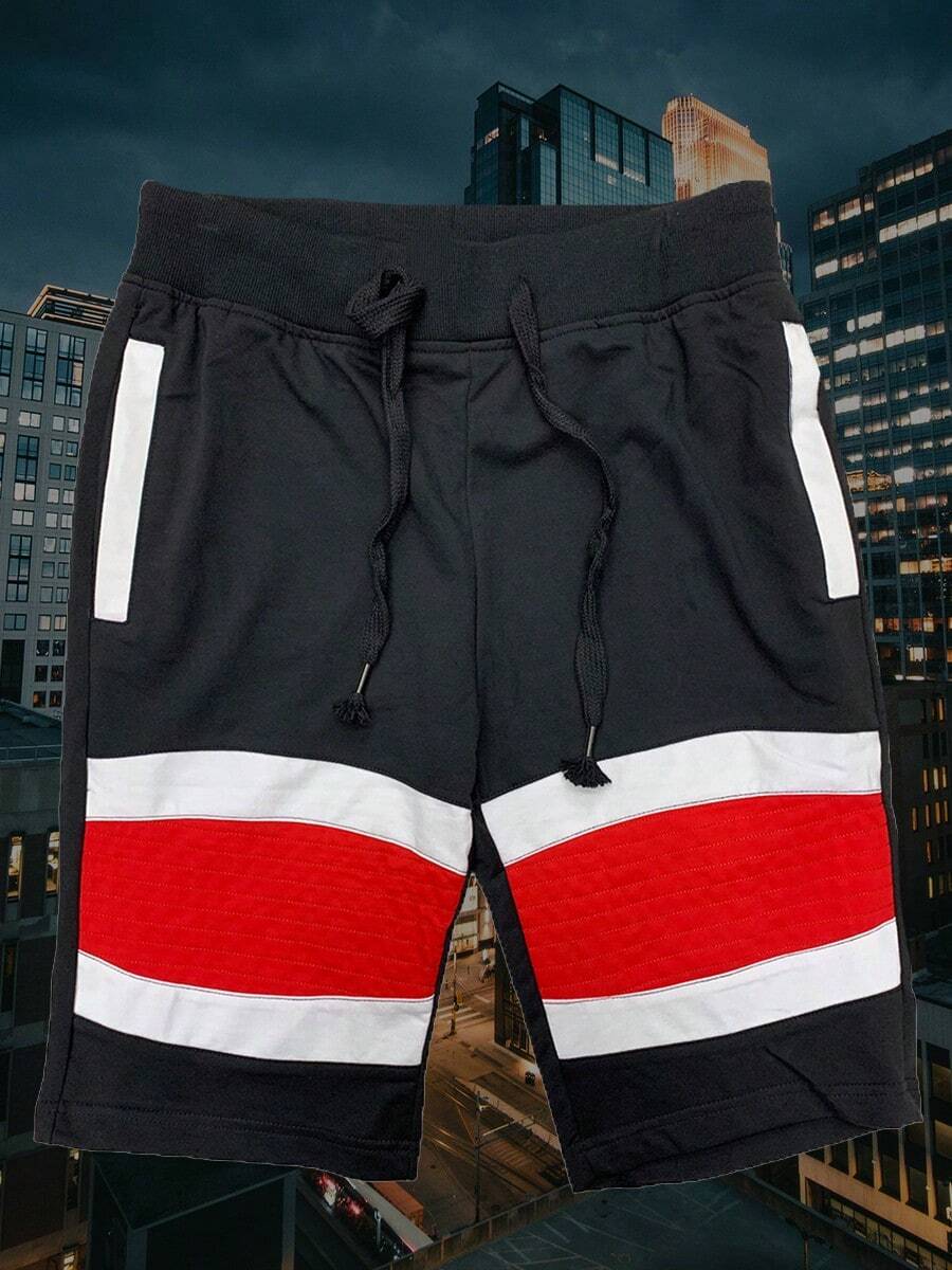 Mens Color Block Sweat Shorts Black Red White Drawstring Casual Short Pants - Black - View 1