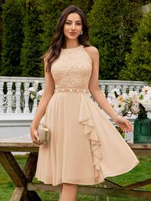 MIUSOL Floral Lace Backless Ruffle Hem Chiffon Ballgown, Wedding Guest Dress - Champagne - View 2