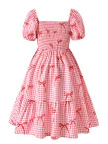 Vihyde 少女格子蝴蝶结印花泡泡袖度假风连衣裙 - 紅色 - 查看 3