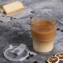 1 Set Striped Glass Cup With Straw And Lid, Portable And Simple Style Water Cup, Vertical Striped Glass Cup, Reusable High-Quality Coffee & Juice Cup, Multi Functional Beverage Container, Perfect For Home, Office, Beach, All Kinds Of Parties,