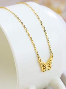 1 件蝴蝶骷髅吊坠项链简约时尚金色不锈钢链精致蝴蝶项链不锈钢女士首饰派对日常装饰品送给妈妈的母亲节礼物 - 金色 - 查看 6