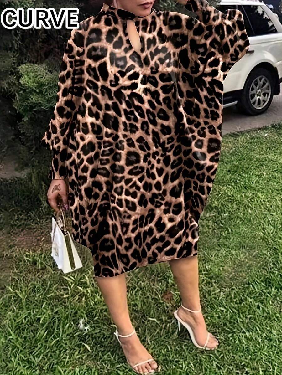 加肥加大豹紋長袖裙 - 咖啡棕 - 查看 1