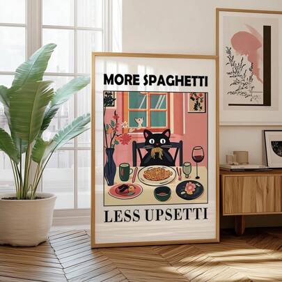 Eat More Pasta, Regret Less! Black Cat Design, Vintage Restaurant Poster, Small Trattoria Pasta Poster, Unique Italian Kitchen Decor Painting, Frameless