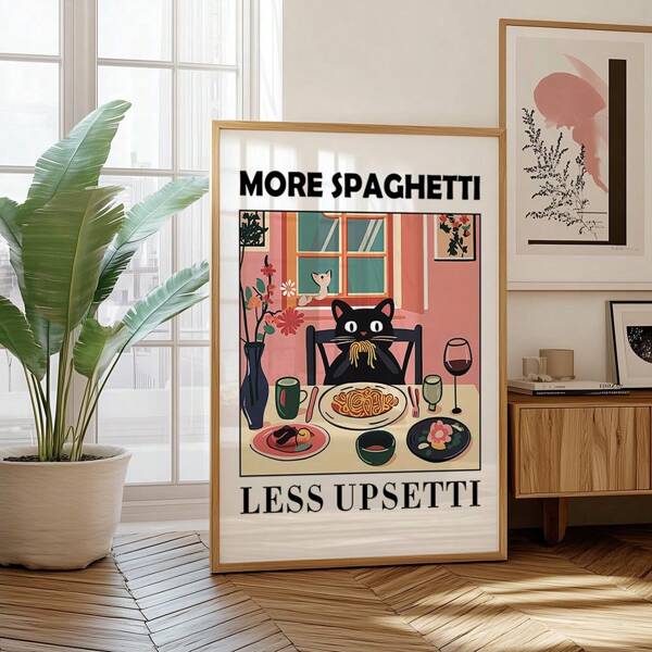 More Spaghetti Less Regretti Black Cat Print, Retro Diner Poster, Bistro Dining Pasta Posters, Unique Italian Kitchen Prints Decor, No Frame