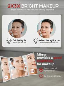 1pc Portable Triple Fold Makeup Mirror, Desktop LED Folding Makeup Mirror, With 2x And 3x Magnification, Supported By A Stand, Suitable For Carrying Beauty Gifts (Battery Powered)