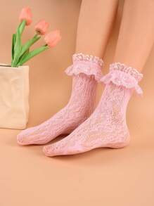 1 Pair Women's Lace Mid-Calf Socks With Ruffle, Elastic Hollow-Out Net Design, Lolita Style Kawaii Socks - Pink - View 2