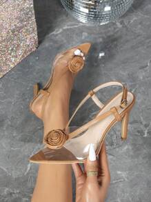 planare 女士时尚性感透明单带露趾细高跟凉鞋，浅棕色或粉色 PU 皮革花朵装饰和可调节带扣露跟带，女士尖头高跟凉鞋，优雅稳定轻松行走夏季日常户外增高鞋，非常适合派对舞会婚礼约会办公室日常穿着，搭配正式裙装 - 棕色 - 查看 2
