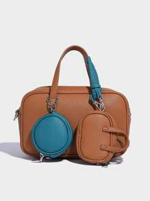 时尚秋冬复古美拉德纯色设计 PU 手提包，保龄球包带小吊坠设计，双手柄，方形拼接，公文包，通勤包，适合旅行购物、通勤、聚会、节日。，包包女士优雅，女士包优雅，奢华 - 彩色 - 查看 13