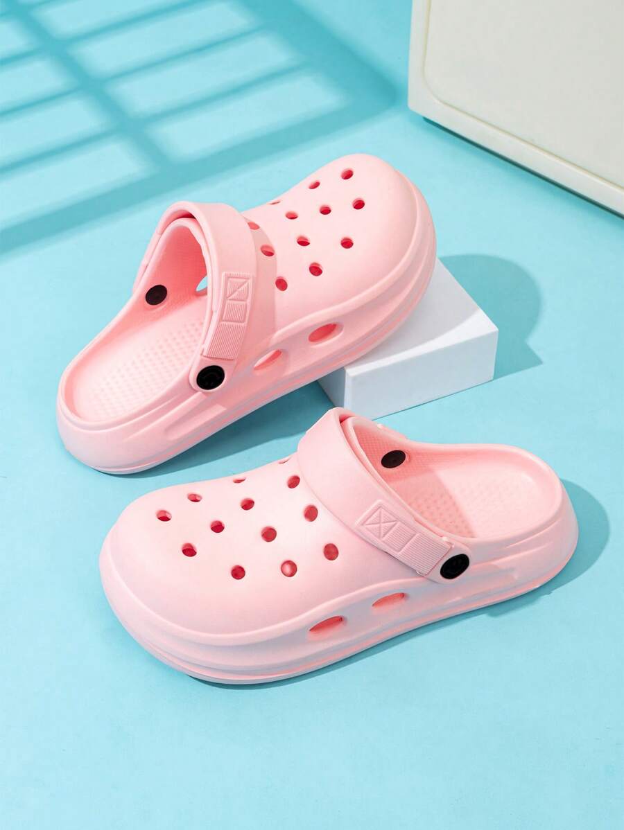 女士纯色时尚木屐 - 时尚镂空设计 - 透气花园和沙滩鞋 - 轻便、快干、防滑 - 非常适合夏季户外穿着 可爱凉鞋女士夏季新款户外防滑沙滩 EVA 包头拖鞋女士夏季室内防滑浴室淋浴休闲简约情侣人字拖 - 粉色 - 查看 1