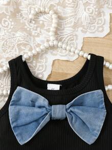 3pcs Set Young Girl Casual Elegant Big Bow Sleeveless Top, Pleated Skirt Denim Skirt And Hat Outfit - Black - View 4