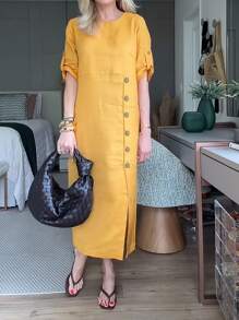 قطعة واحدة من فستان طويل عادي الألوان مصنوع من قماش منسوج أنيق وعتيق مع ربطة عنق ، قابل للغسل بالماكينة في الصيف - أصفر - مشاهدة 1