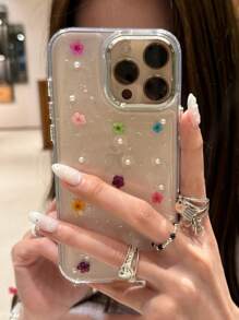 1 件奢华闪亮珍珠干花闪光透明手机壳适用于 iPhone 16 15 14 13 12 11 Pro Max Plus 柔软硅胶后盖