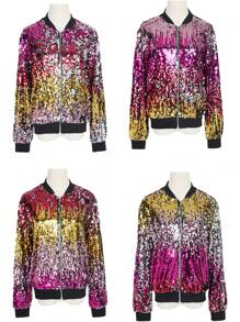 Womens Sequin Long Sleeve Front Zip Jacket With Ribbed Cuffs Bomber For Party - 五彩紙屑 - 查看 5