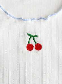 2 件套女婴套装：樱桃刺绣短袖上衣和格子长裤 - 藍色 - 查看 2