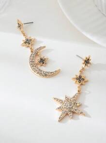 1 par de pendientes largos con diseño estrella y luna de estilo árabe de lujo con decoración de rhinestones, diseño bicolor versátil adecuado para uso diario y el Ramadán, regalo perfecto para familias