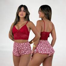 Pijama Baby Doll Suede com Renda Frivest Eva Shorts Dool Feminino Detalhe de Renda Luxo Regata Alcinha Verão