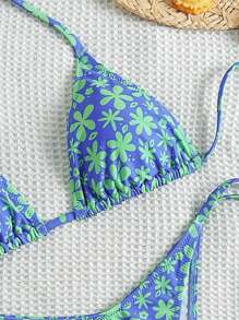 Floral Print Strappy Halter Bikini Set, Sexy European & American Style - Blue - View 3
