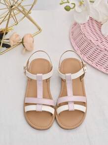 1 双女童时尚简约拼色 T 型带平底凉鞋，适合夏季度假、海滩、日常穿着 - 粉色 - 查看 1
