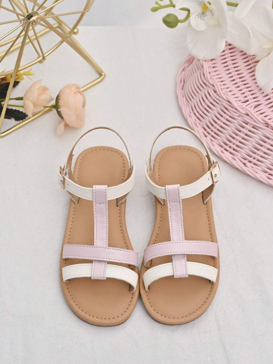1 双女童时尚简约拼色 T 型带平底凉鞋，适合夏季度假、海滩、日常穿着 - 粉色 - 查看 1