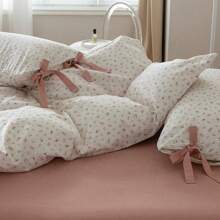 1 Queen Size 100% Cotton White Duvet Cover With Pink Flower Garden Style, Floral Comforter Cover, 2 Bow Ties Pillowcases, Cottagecore Bedding Sets​ - 1 - View 7