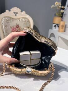 Túi cầm tay hình trái tim đính đá lấp lánh, ví dự tiệc thanh lịch, túi đeo vai xích kim loại thời trang dành cho nữ thích hợp cho tiệc tùng, đám cưới - Vàng - Xem 6