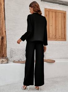 Conjunto de tejido para dama, color liso, informal, elegante, con bolsillos y botones acanalados - Negro - Ver 1