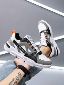 Men's Retro Gray Premium Minimalist Comfortable Low-Top Thick-Sole Shock-Absorbing Casual Sneakers, Streetwear Contrast Color Four Seasons High-Platform Front Lace-Up Outdoor Stylish Chunky Sneakers