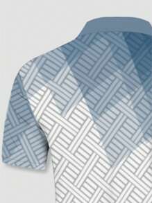 2pcs Men's Button Polo Shirt Set, Geometric Color Block Collar Shirt + Casual Shorts, Summer Outdoor Sportswear - Blue and White - View 4