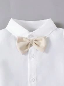 BrownBark 2pcs Baby Boys Gentleman Style Outfit Set, Bowknot Decor Casual Short Sleeve Shirt & Bib Shorts, Suitable For Birthday Party, Formal Occasion, Wedding, Christening, 1st Birthday Celebration, Daily Wear