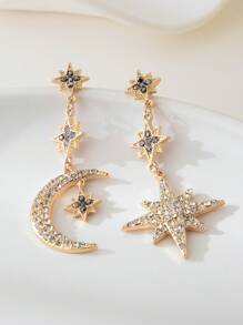 1 par de pendientes largos con diseño estrella y luna de estilo árabe de lujo con decoración de rhinestones, diseño bicolor versátil adecuado para uso diario y el Ramadán, regalo perfecto para familias